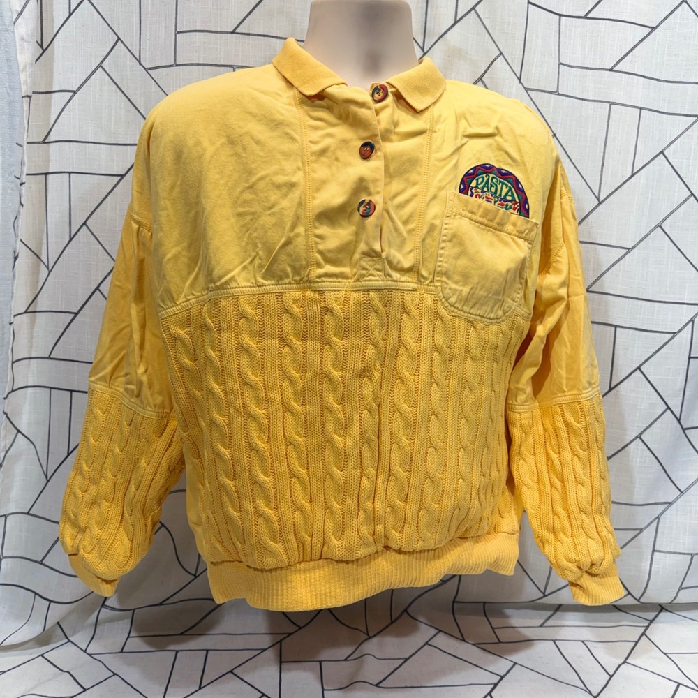 PASTA‎ Vintage Mixed Media Cable Knit Polo Shirt Large Yellow 90s Embroidered